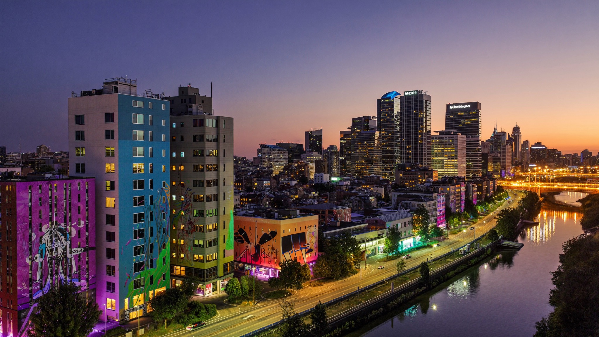 Colourful city buildings at dusk in Australia